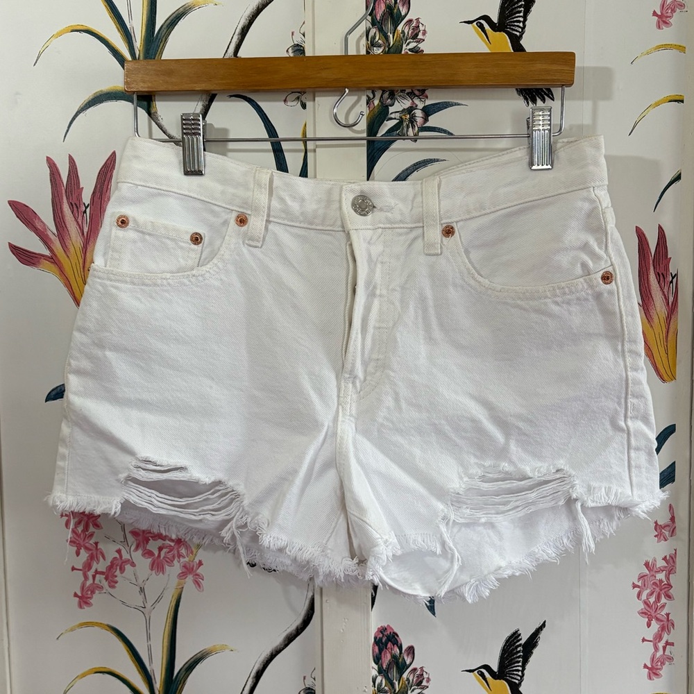 Mango White Frayed Hem Jean Shorts